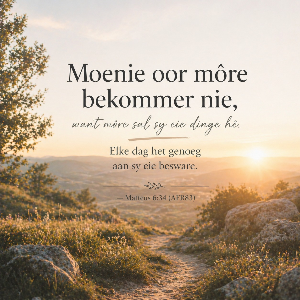 Jy hoef nie alles vandag uit te werk nie. God gee vir elke dag genoeg genade vir daardie dag. Los môre in Sy hande, en leef vandag met vrede. — Matteus 6:34